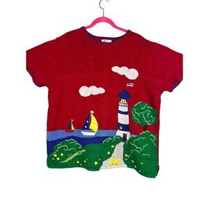 Quacker Factory Knit Sweater 2x Red Sequin Vtg Lighthouse Retro Classic Preppy